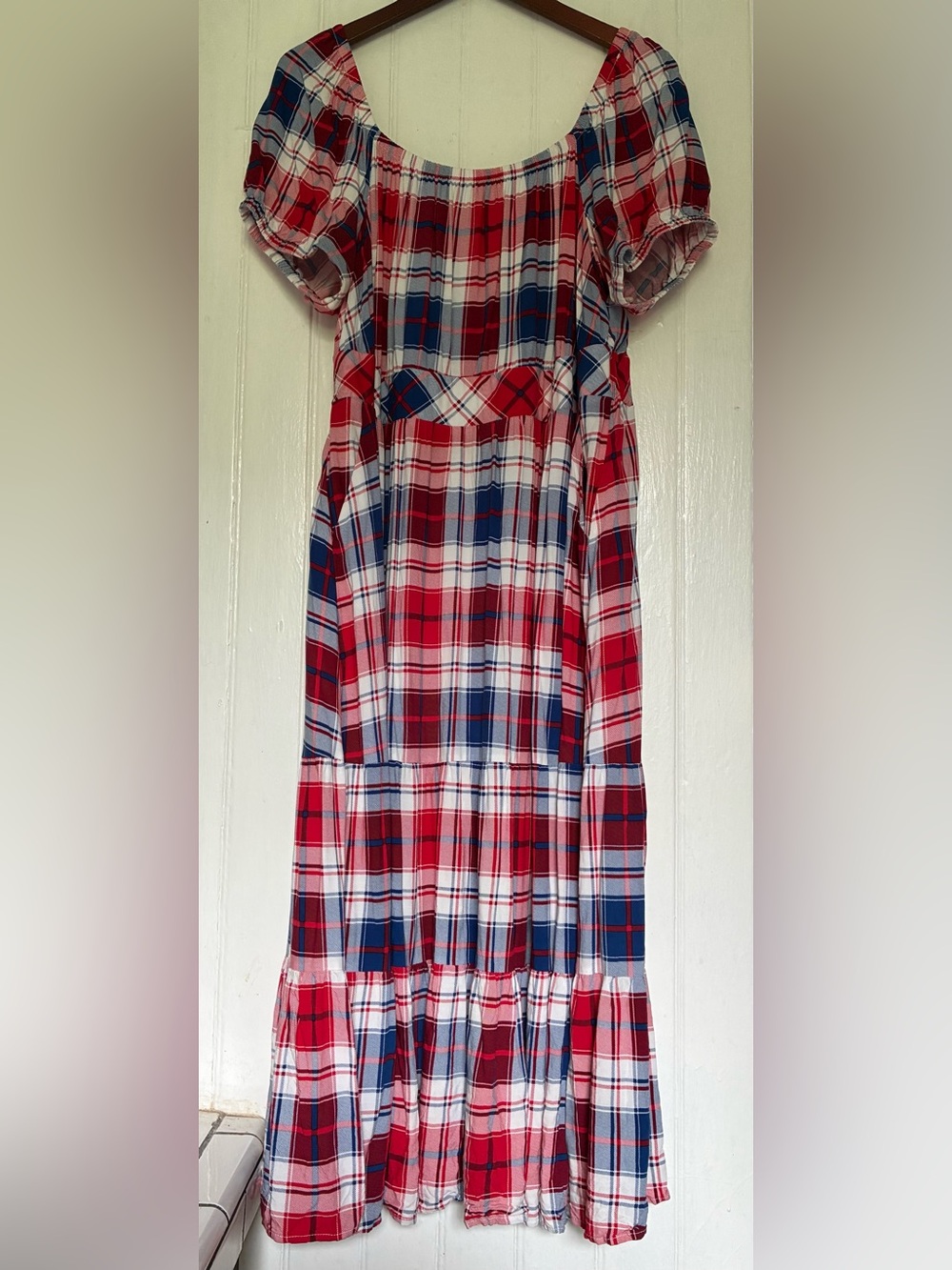 Torrid Red, White & Blue Plaid Maxi Dress, Tiered, Short Sleeves, 1X